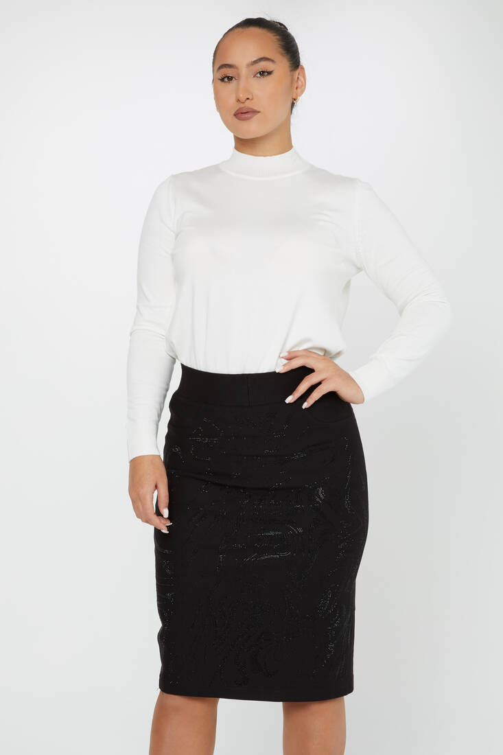 Women's Elastic Waist Skirt Mixed Stone Detail Black - 4271 | KAZEE