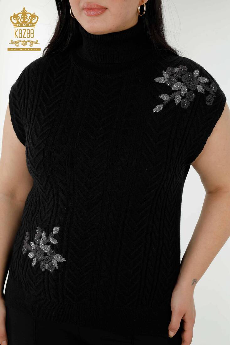 Women's Sweater Stone Embroidered Black - 30179 | KAZEE