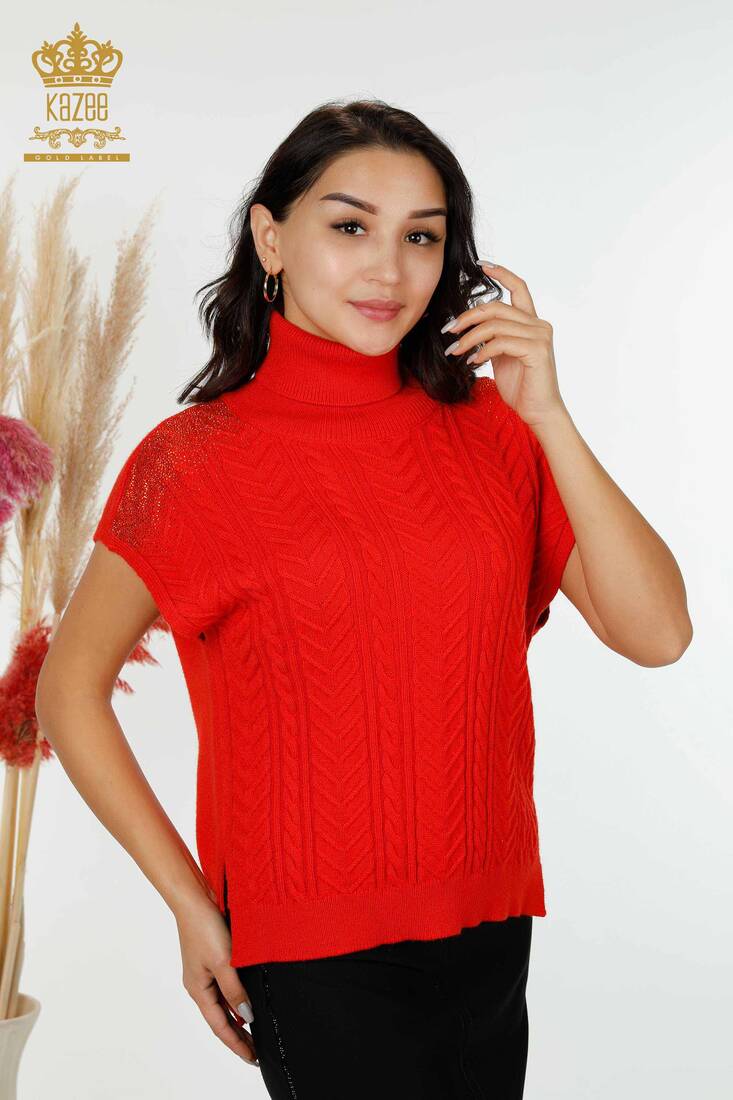 Women's Sweater Stone Embroidered Coral - 30097 | KAZEE