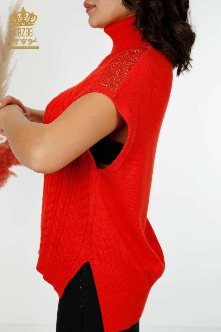 Women's Sweater Stone Embroidered Coral - 30097 | KAZEE