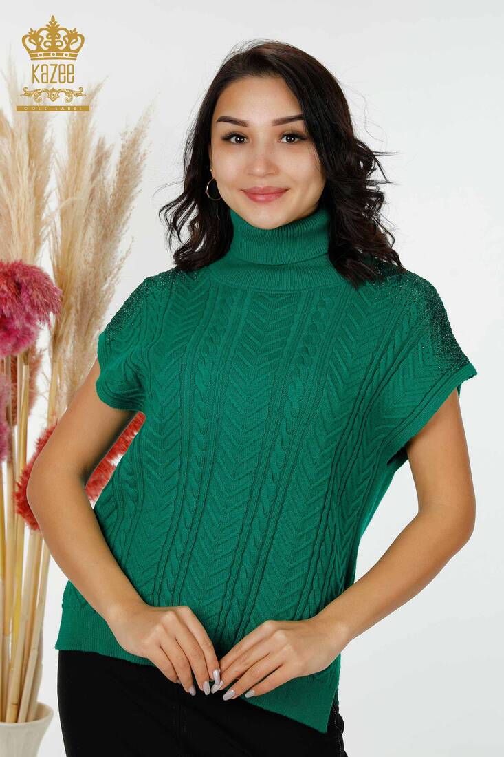 Women's Sweater Stone Embroidered Green - 30097 | KAZEE