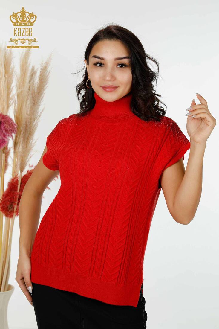 Women's Sweater Stone Embroidered Red - 30097 | KAZEE