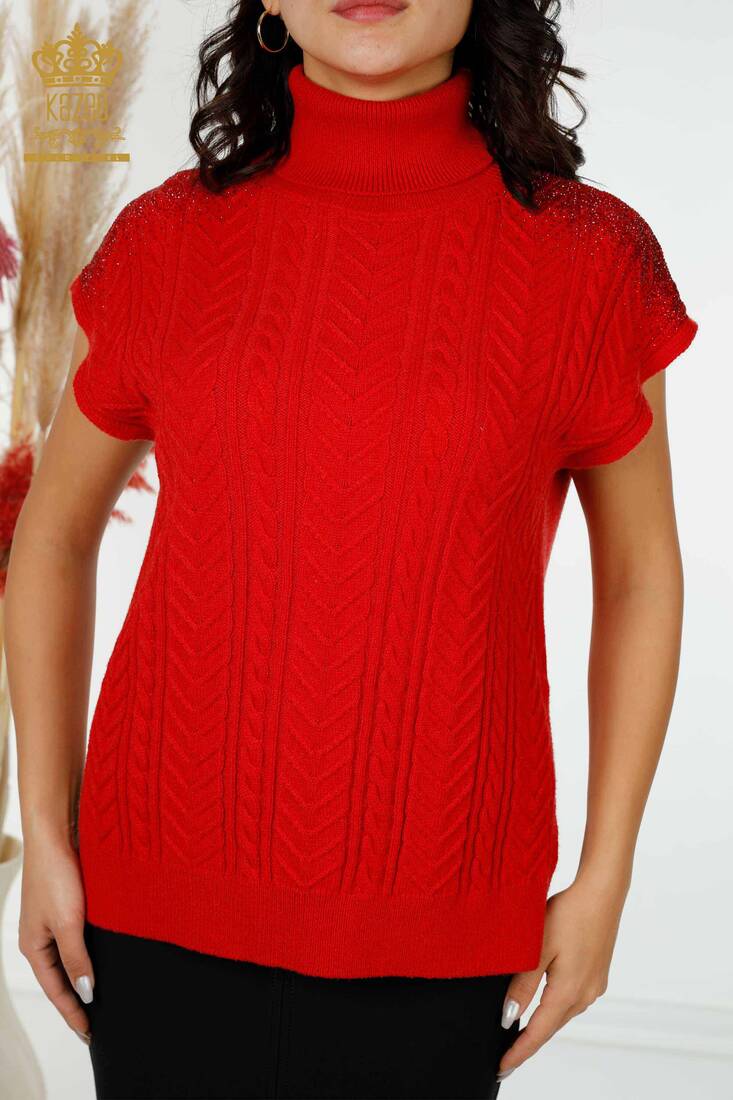 Women's Sweater Stone Embroidered Red - 30097 | KAZEE