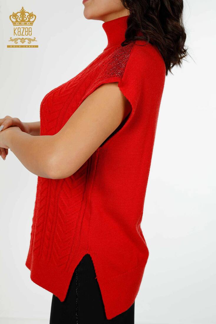 Women's Sweater Stone Embroidered Red - 30097 | KAZEE