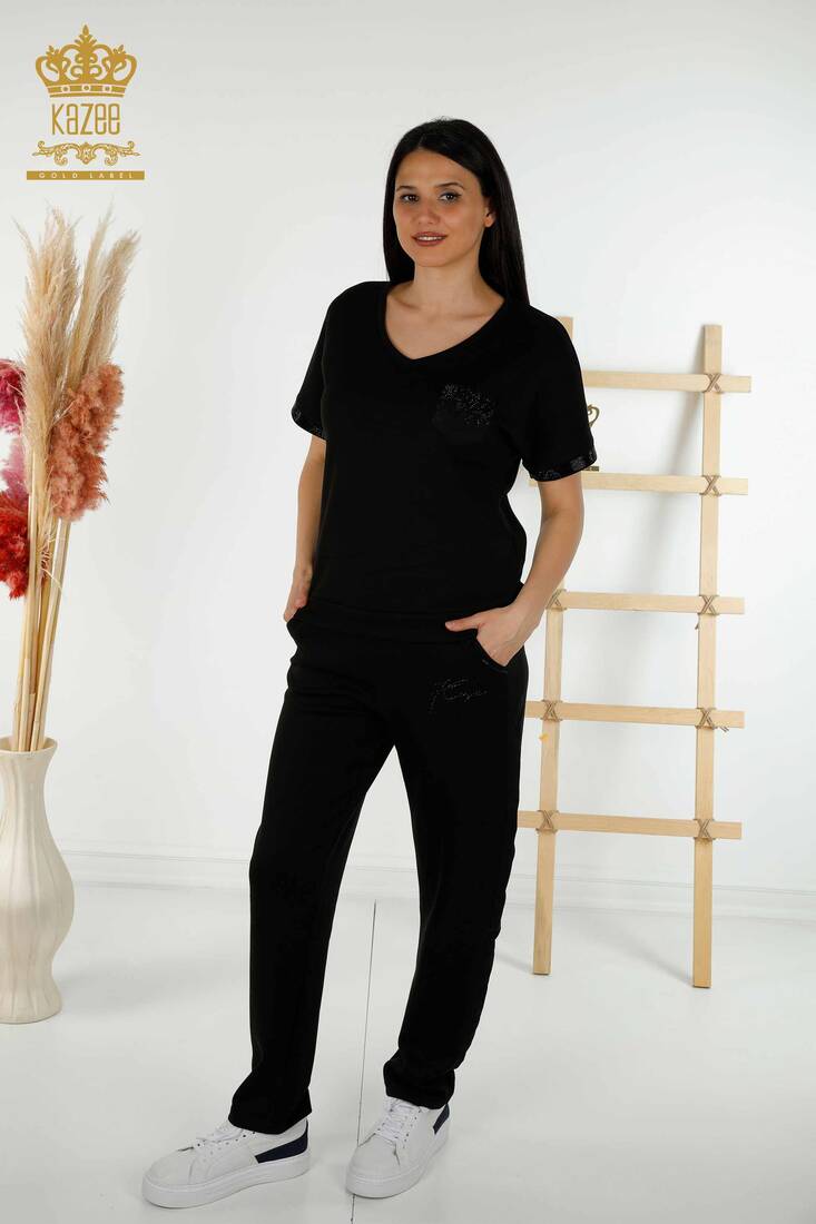 Women's Tracksuit Set Crystal Stone Embroidered Black - 20396 | KAZEE