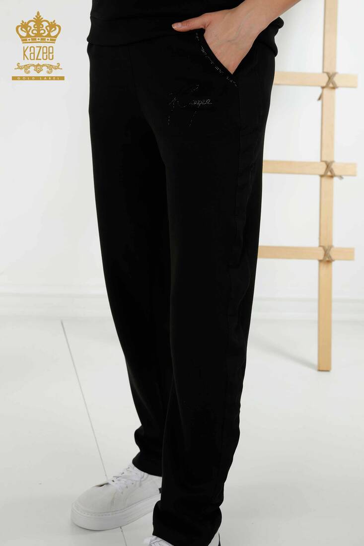 Women's Tracksuit Set Crystal Stone Embroidered Black - 20396 | KAZEE