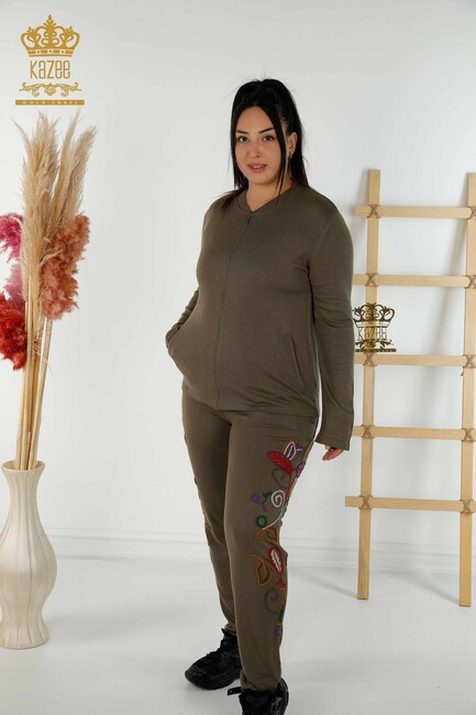 Women's Tracksuit Set Embroidered Khaki - 16657 | KAZEE - Thumbnail