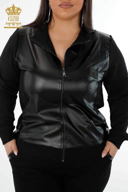 Women's Tracksuit Set Leather Detailed Black - 17337 | KAZEE - Thumbnail