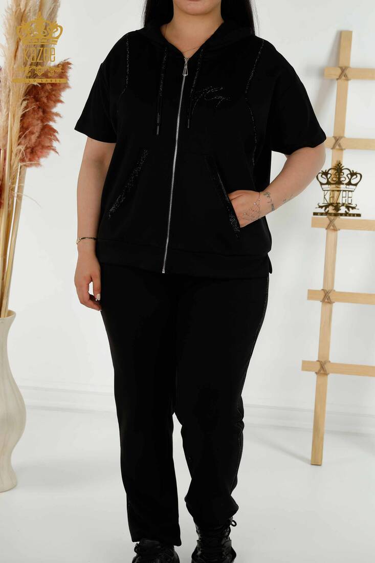 Women's Tracksuit Set Stone Embroidered Black - 20389 | KAZEE