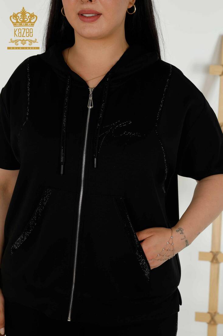 Women's Tracksuit Set Stone Embroidered Black - 20389 | KAZEE