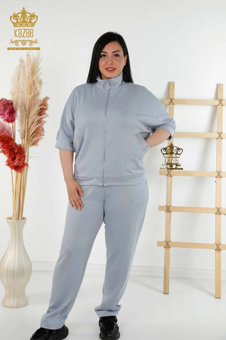 Women's Tracksuit Set Stone Embroidered Blue - 17547 | KAZEE