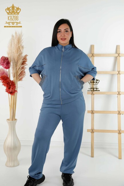 Women's Tracksuit Set Stone Embroidered Indigo - 17547 | KAZEE - Thumbnail