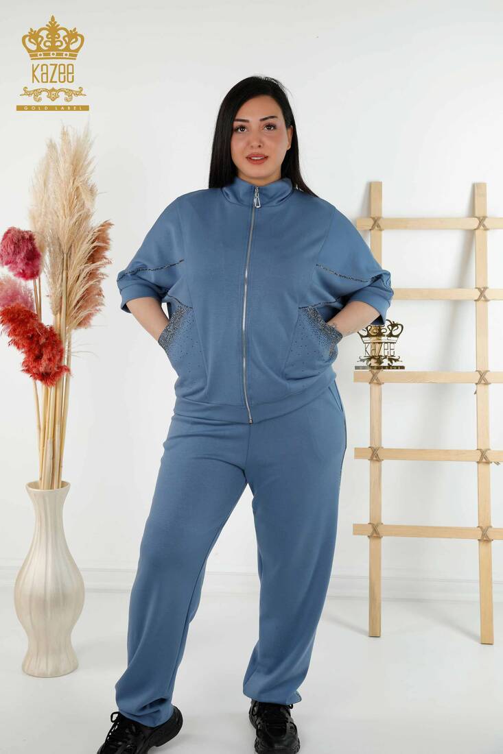 Women's Tracksuit Set Stone Embroidered Indigo - 17547 | KAZEE