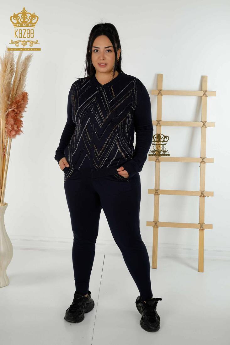 Women's Tracksuit Set Stone Embroidered Navy Blue - 16676 | KAZEE