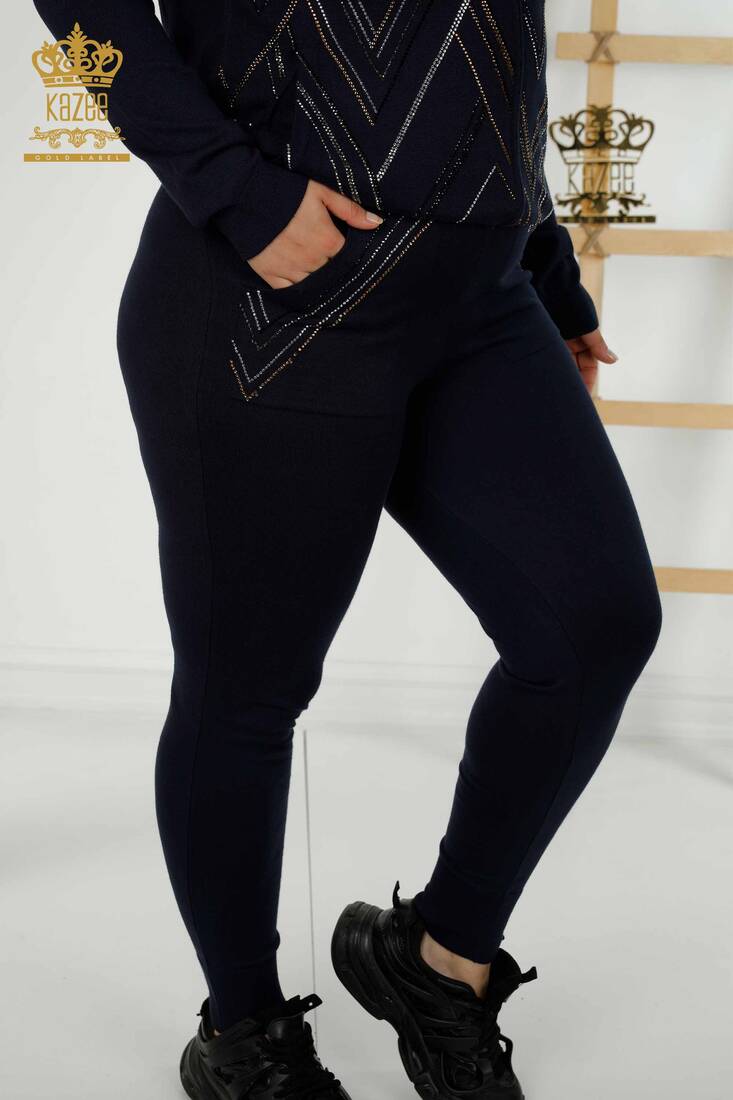 Women's Tracksuit Set Stone Embroidered Navy Blue - 16676 | KAZEE