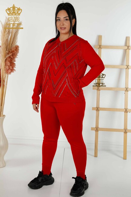 Women's Tracksuit Set Stone Embroidered Red - 16676 | KAZEE - Thumbnail