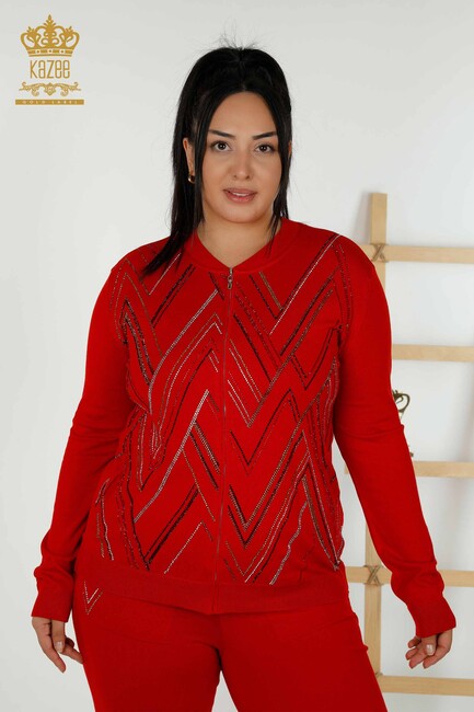 Women's Tracksuit Set Stone Embroidered Red - 16676 | KAZEE - Thumbnail