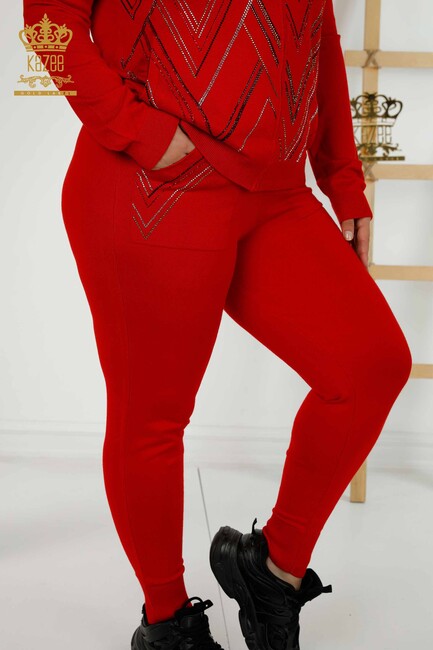 Women's Tracksuit Set Stone Embroidered Red - 16676 | KAZEE - Thumbnail