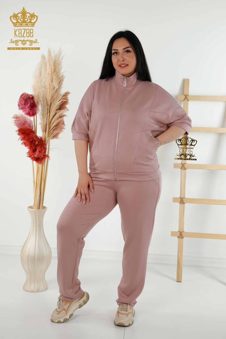 Women's Tracksuit Set Stone Embroidered Dried Rose - 17547 | KAZEE