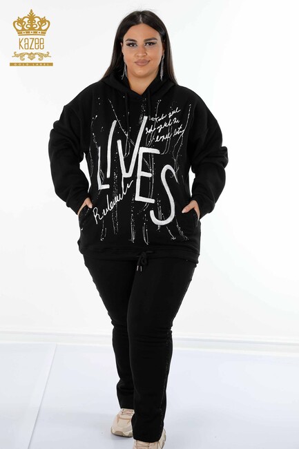 Women's Tracksuit Set Black with Text Detailed - 17296 | KAZEE - Thumbnail