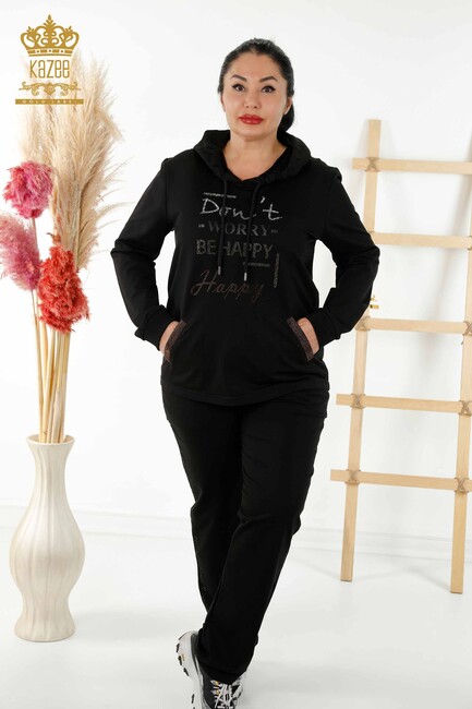 Women's Tracksuit Set Black with Text Detailed - 17376 | KAZEE - Thumbnail