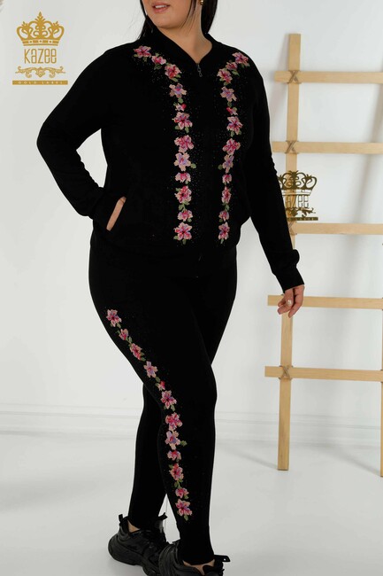 Women's Tracksuit Set Black With Flower Embroidery - 16658 | KAZEE - Thumbnail