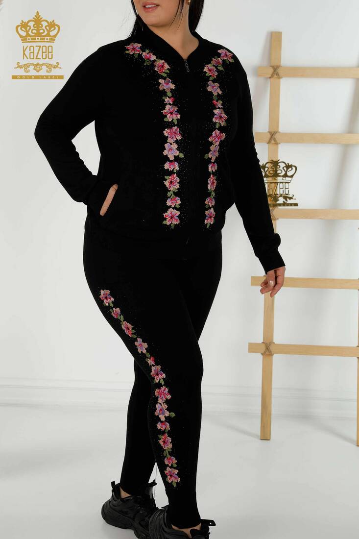 Women's Tracksuit Set Black With Flower Embroidery - 16658 | KAZEE