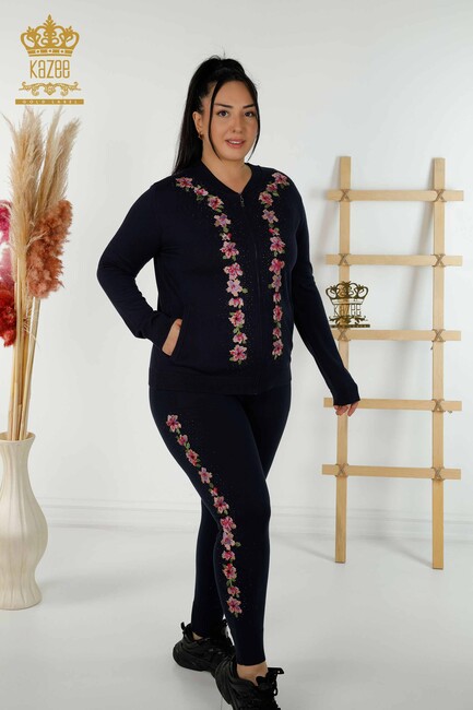 Women's Tracksuit Set Navy Blue With Floral Embroidery - 16658 | KAZEE - Thumbnail