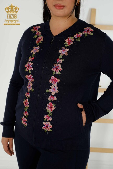 Women's Tracksuit Set Navy Blue With Floral Embroidery - 16658 | KAZEE - Thumbnail