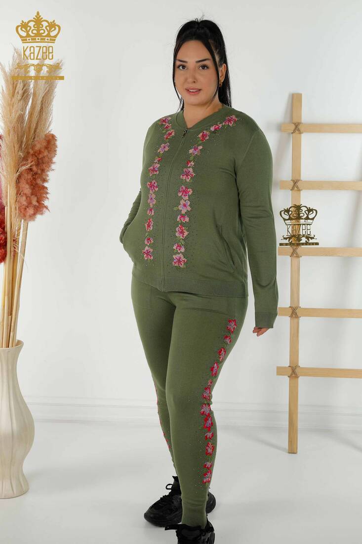 Women's Tracksuit Set Floral Embroidered Khaki - 16658 | KAZEE