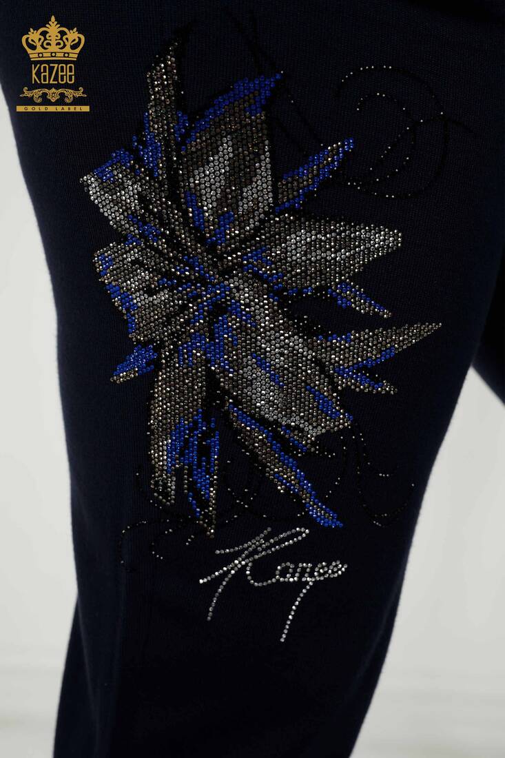 Women's Tracksuit Set Floral Patterned Navy Blue - 16661 | KAZEE