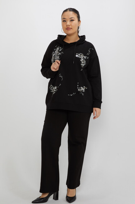 Women's Tracksuit Set Hooded Stone Detailed Black - 17897 | KAZEE - Thumbnail