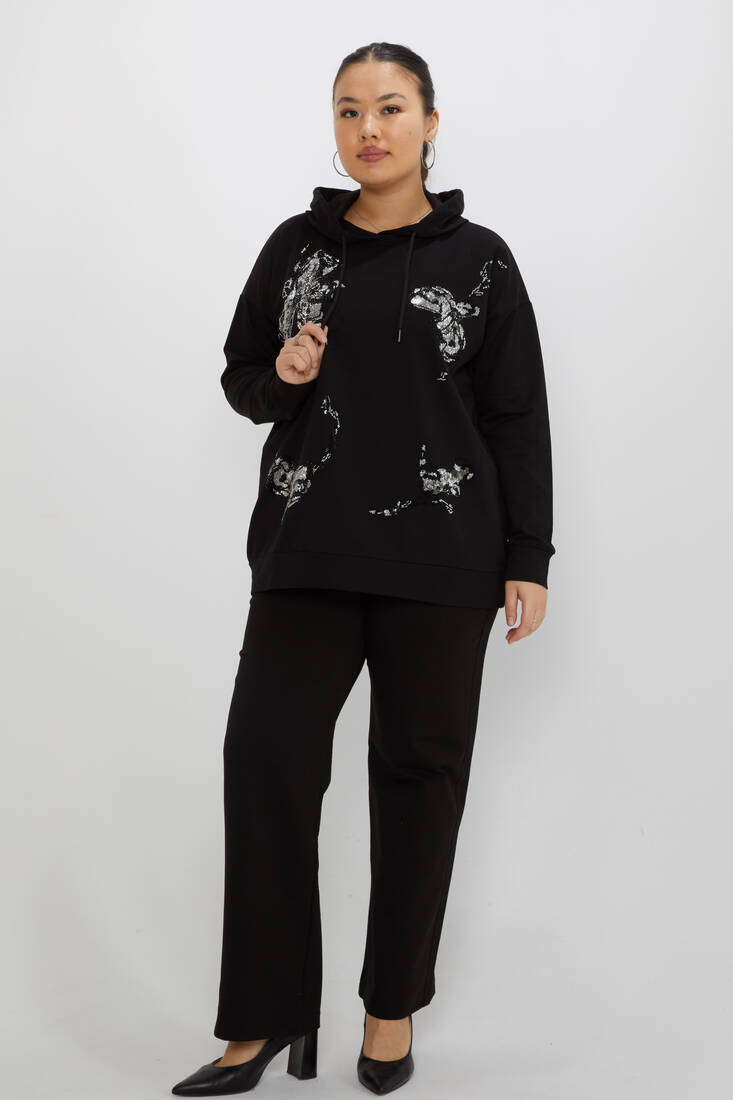 Women's Tracksuit Set Hooded Stone Detailed Black - 17897 | KAZEE