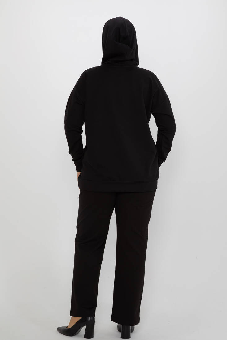 Women's Tracksuit Set Hooded Stone Detailed Black - 17897 | KAZEE