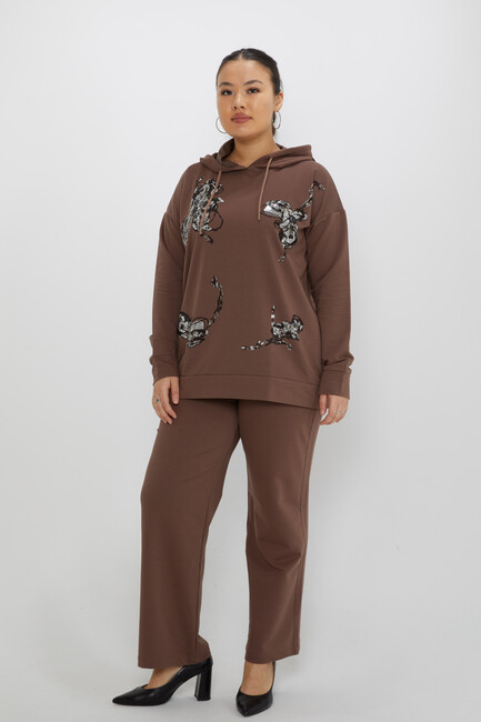 Women's Tracksuit Set Hooded Stone Detailed Brown - 17897 | KAZEE - Thumbnail