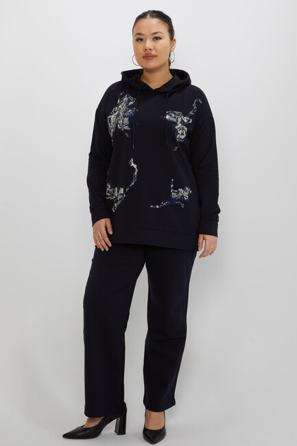 Women's Tracksuit Set Hooded Stone Detailed Navy Blue - 17897 | KAZEE - Thumbnail