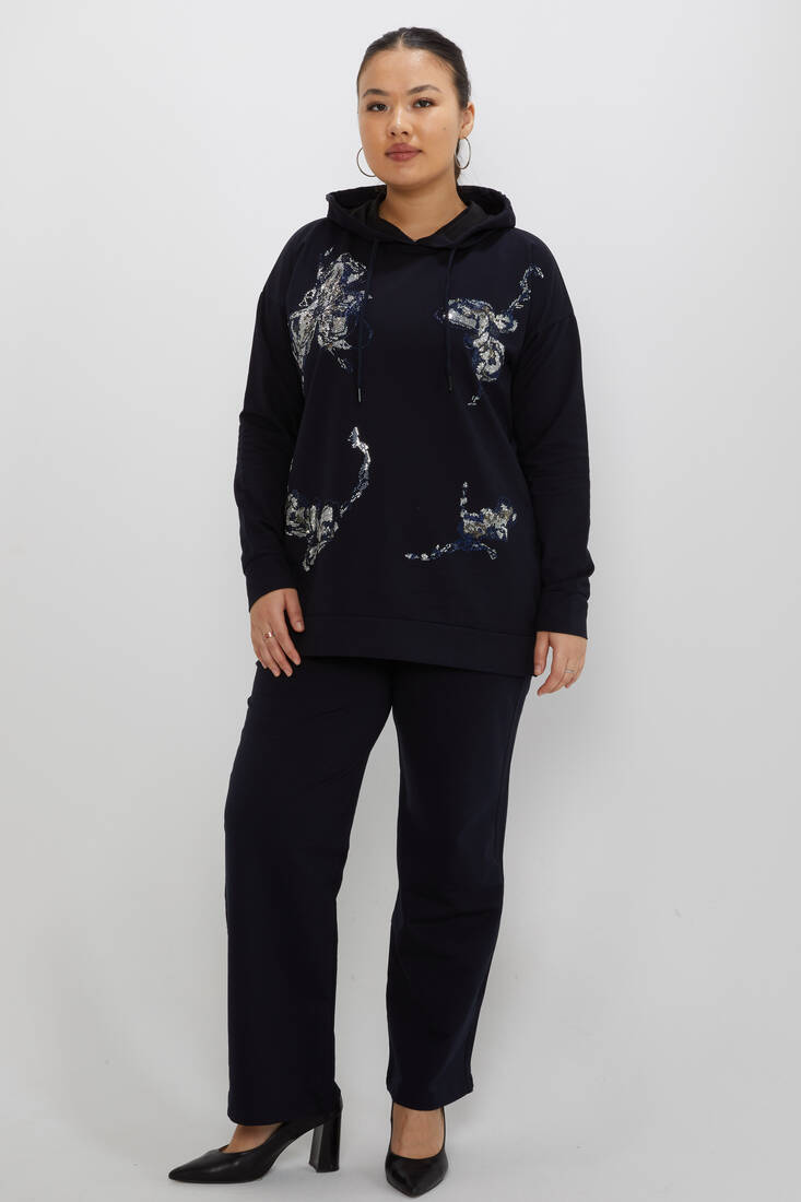 Women's Tracksuit Set Hooded Stone Detailed Navy Blue - 17897 | KAZEE