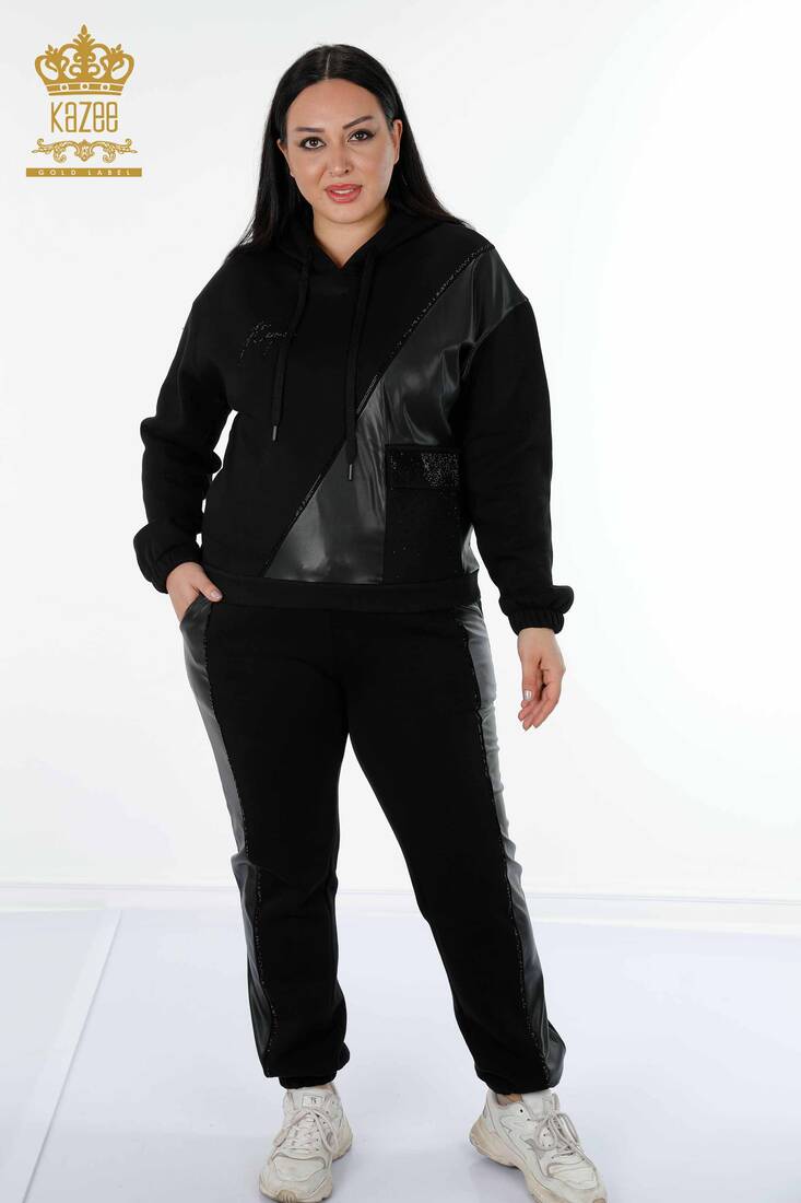 Women's Tracksuit Set Leather Detailed Black - 17467 | KAZEE