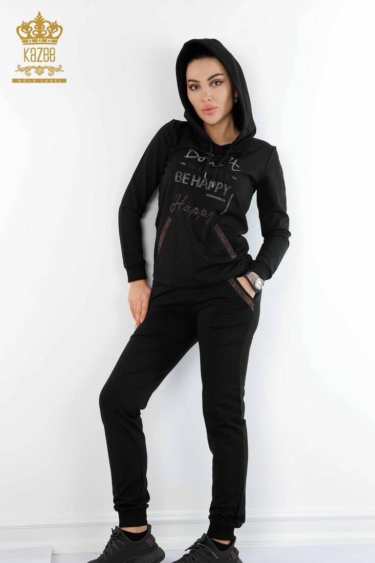 Women's Tracksuit Set Black with Text Detailed - 17286 | KAZEE