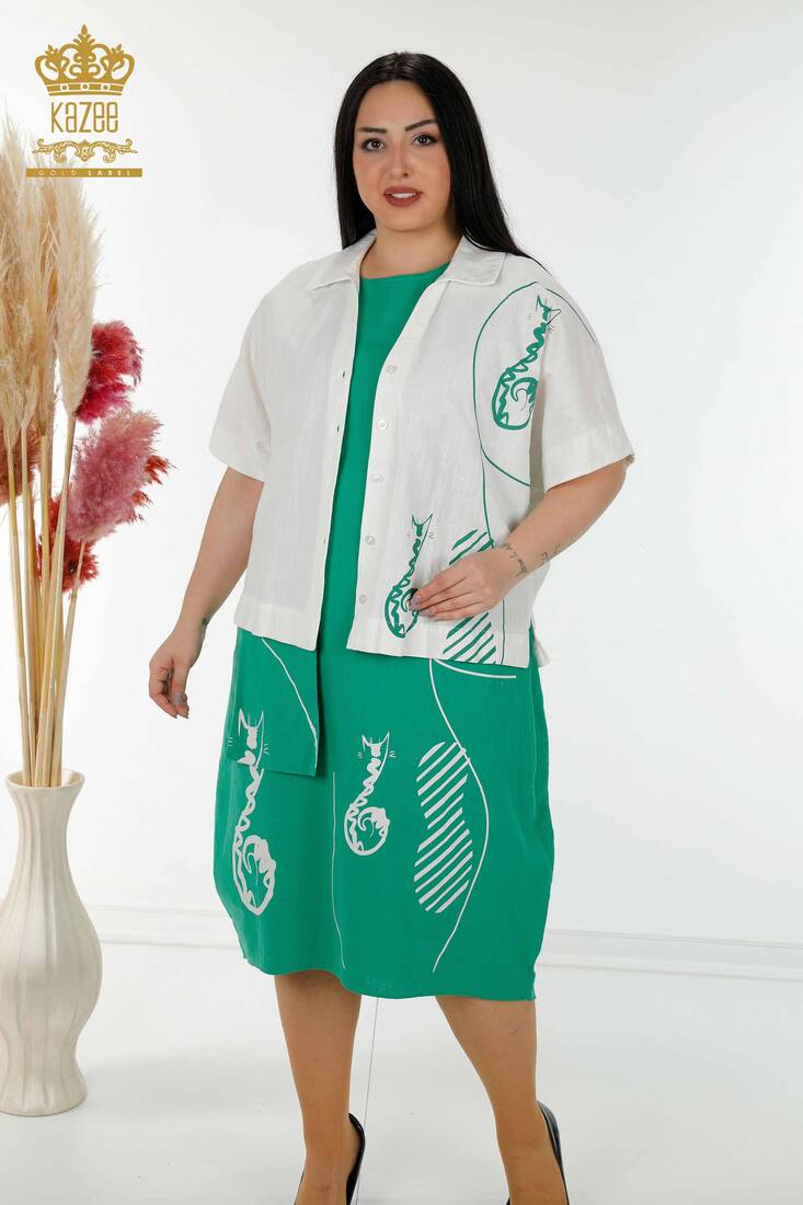 Women's Summer Suit Shirt Dress White-Green - 20314 | KAZEE