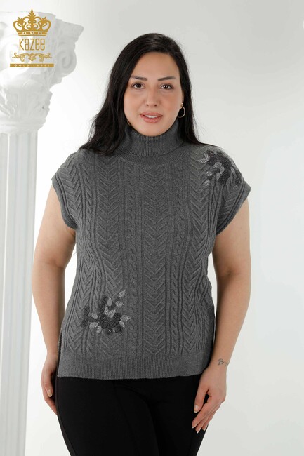 Women's Sweater Stone Embroidered Anthracite - 30179 | KAZEE - Thumbnail