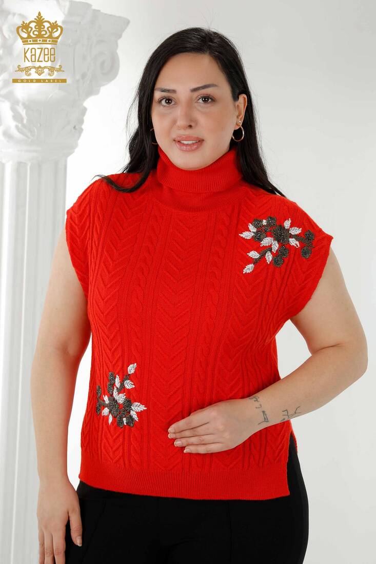 Women's Sweater Stone Embroidered Coral - 30179 | KAZEE