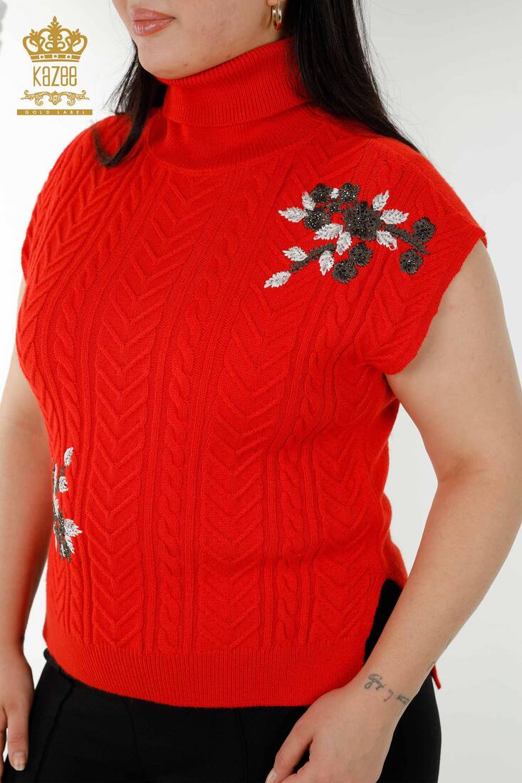 Women's Sweater Stone Embroidered Coral - 30179 | KAZEE