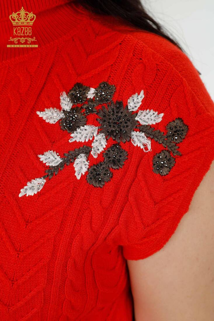 Women's Sweater Stone Embroidered Coral - 30179 | KAZEE