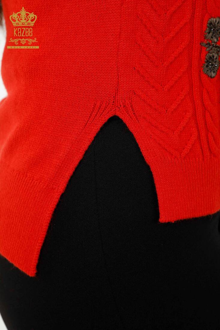 Women's Sweater Stone Embroidered Coral - 30179 | KAZEE