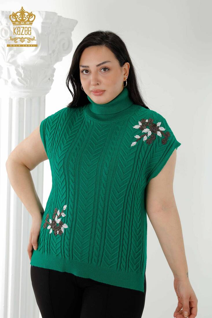 Women's Sweater Stone Embroidered Green - 30179 | KAZEE