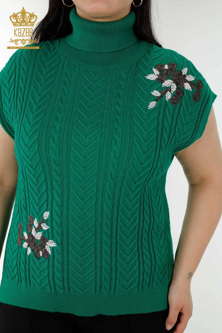 Women's Sweater Stone Embroidered Green - 30179 | KAZEE