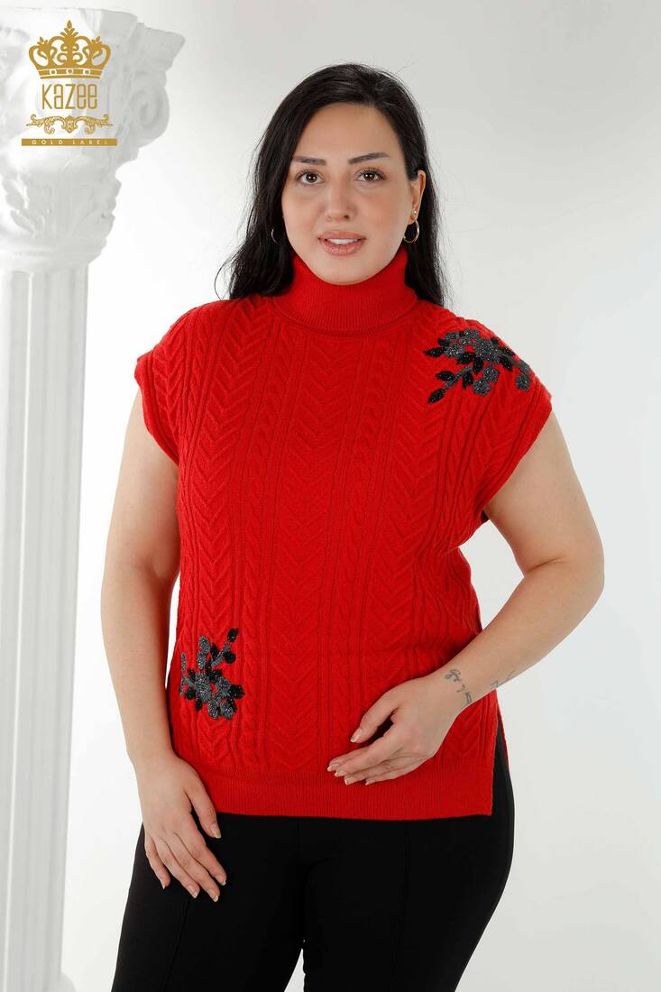 Women's Sweater Stone Embroidered Red - 30179 | KAZEE