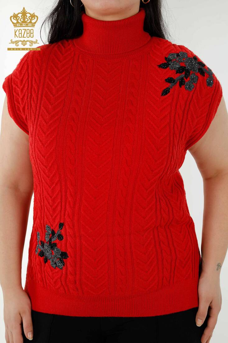 Women's Sweater Stone Embroidered Red - 30179 | KAZEE