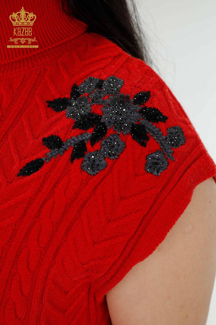 Women's Sweater Stone Embroidered Red - 30179 | KAZEE